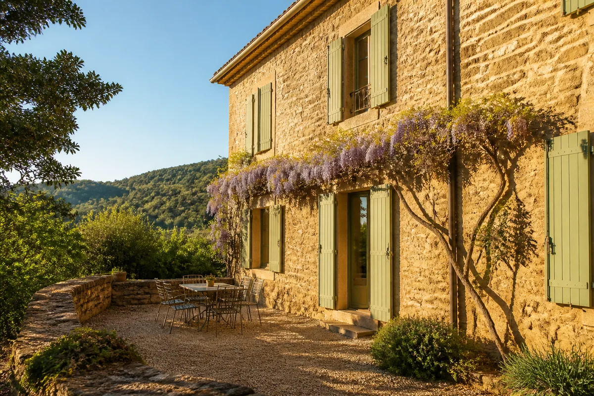 Façade en pierre d’un gîte ardéchois avec volets en bois et terrasse ombragée