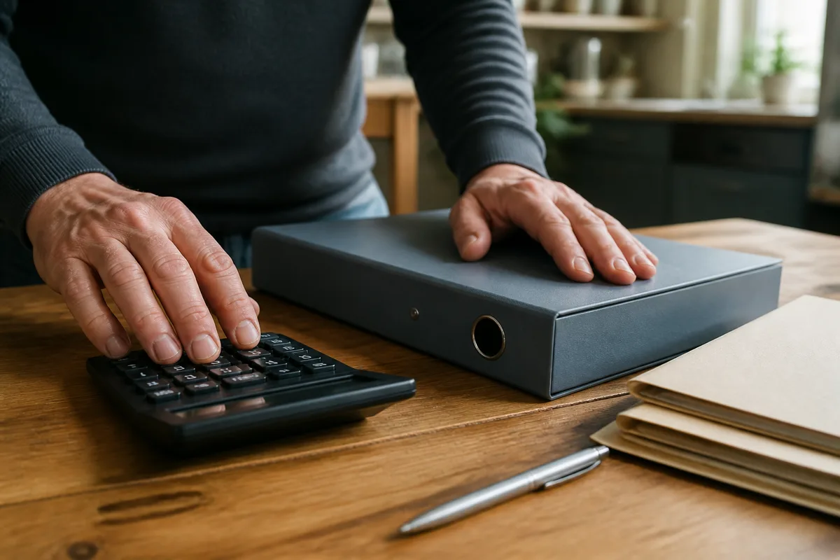 Mains posées sur une calculatrice et un classeur fermé, plan de travail en chêne
