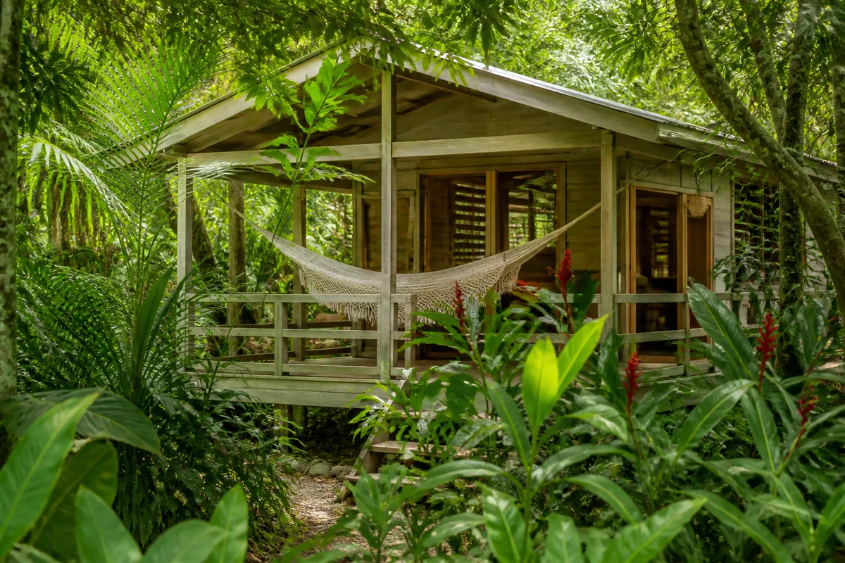 Écogîte en bois entouré de végétation tropicale dense, terrasse et hamac au premier plan