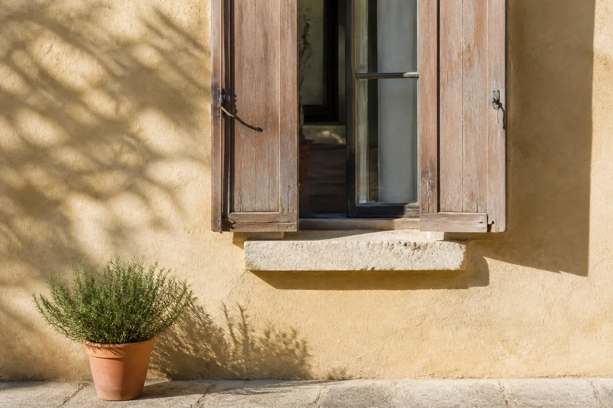 Façade en pierre claire d&rsquo;une bastide varoise encadrée de pins parasols