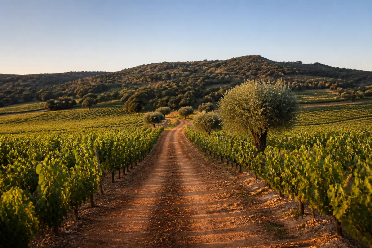 Chemin de terre rouge bordé de rangs de vigne dans l&rsquo;arrière-pays varois