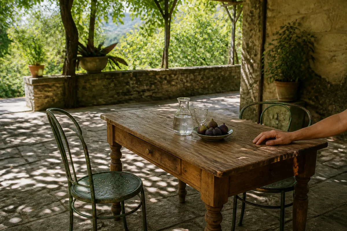 Terrasse en pierre ombragée par une treille avec table en bois massif