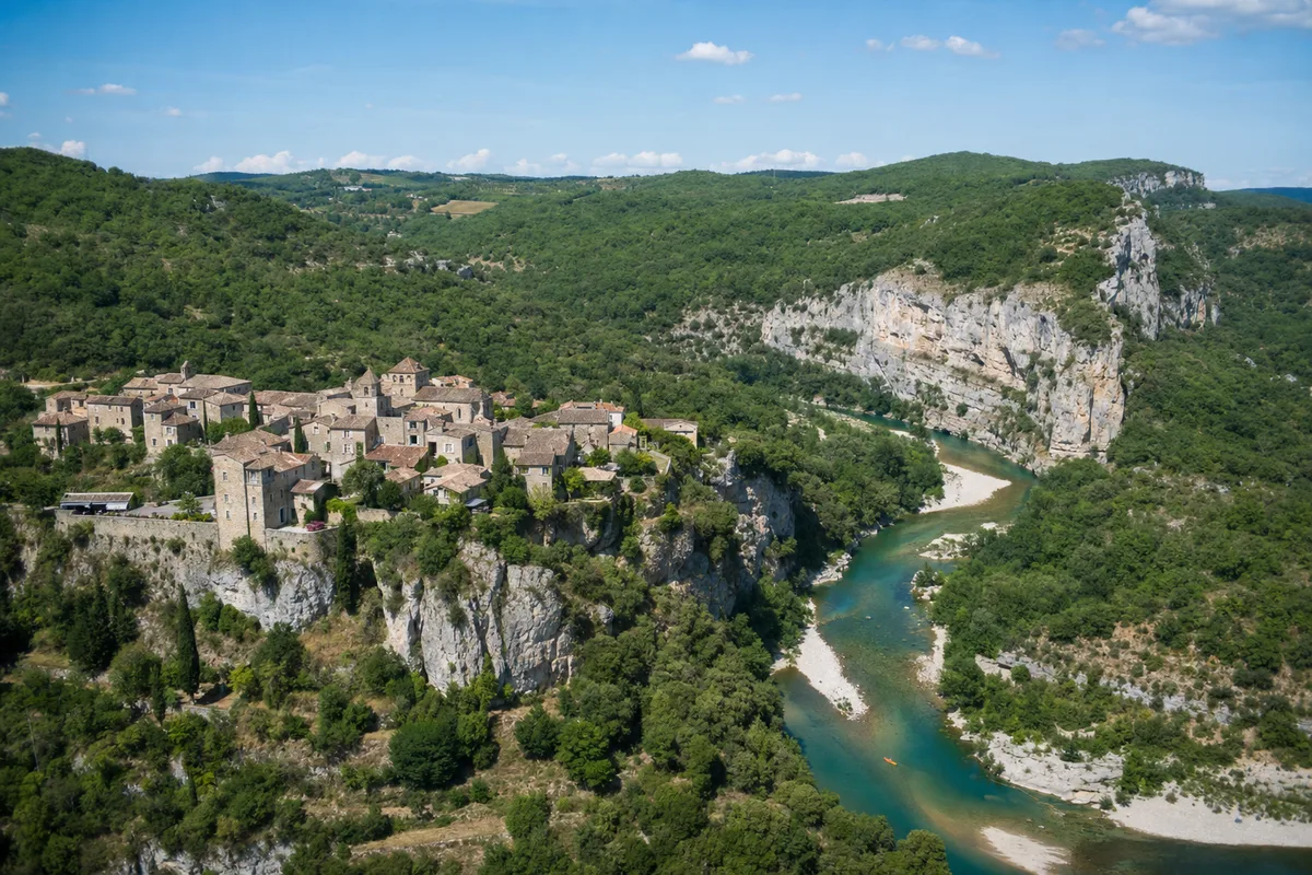 Vallée ardéchoise avec village en pierre et rivière sous un ciel d’été