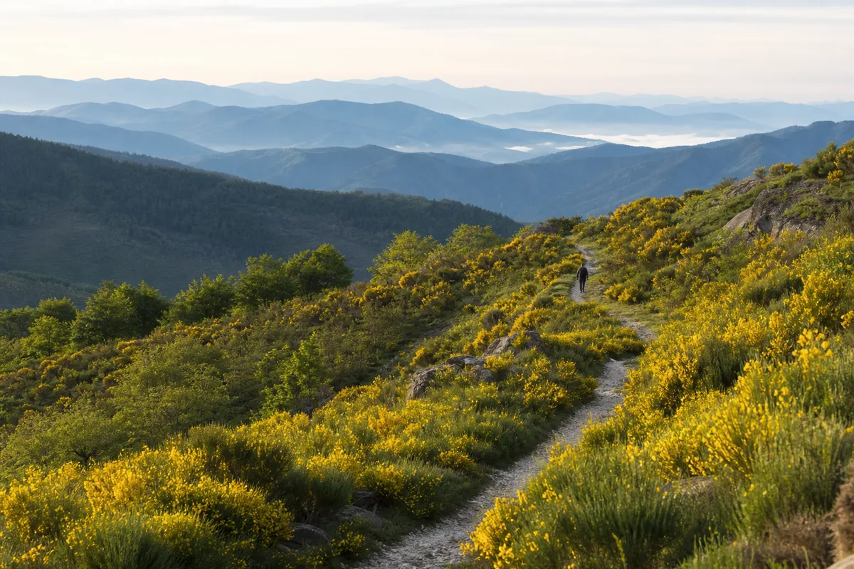 Sentier de randonnée au printemps dans les Cévennes ardéchoises avec genêts en fleurs