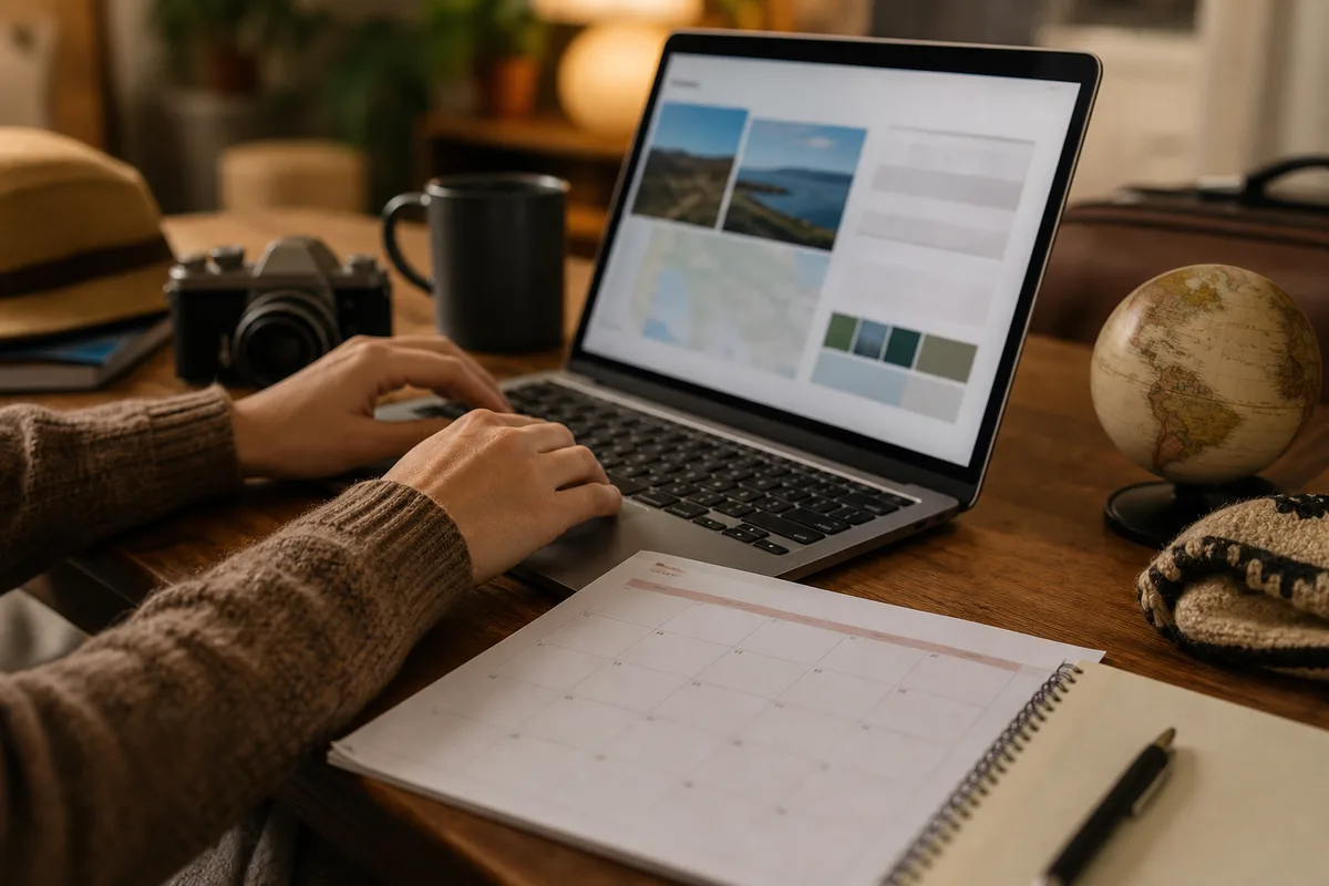 Calendrier et ordinateur portable sur une table en bois pour planifier une réservation de vacances