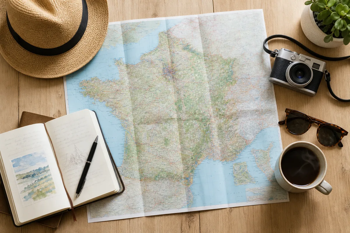 Carte de France posée sur une table en bois avec carnet de voyage et tasse de café