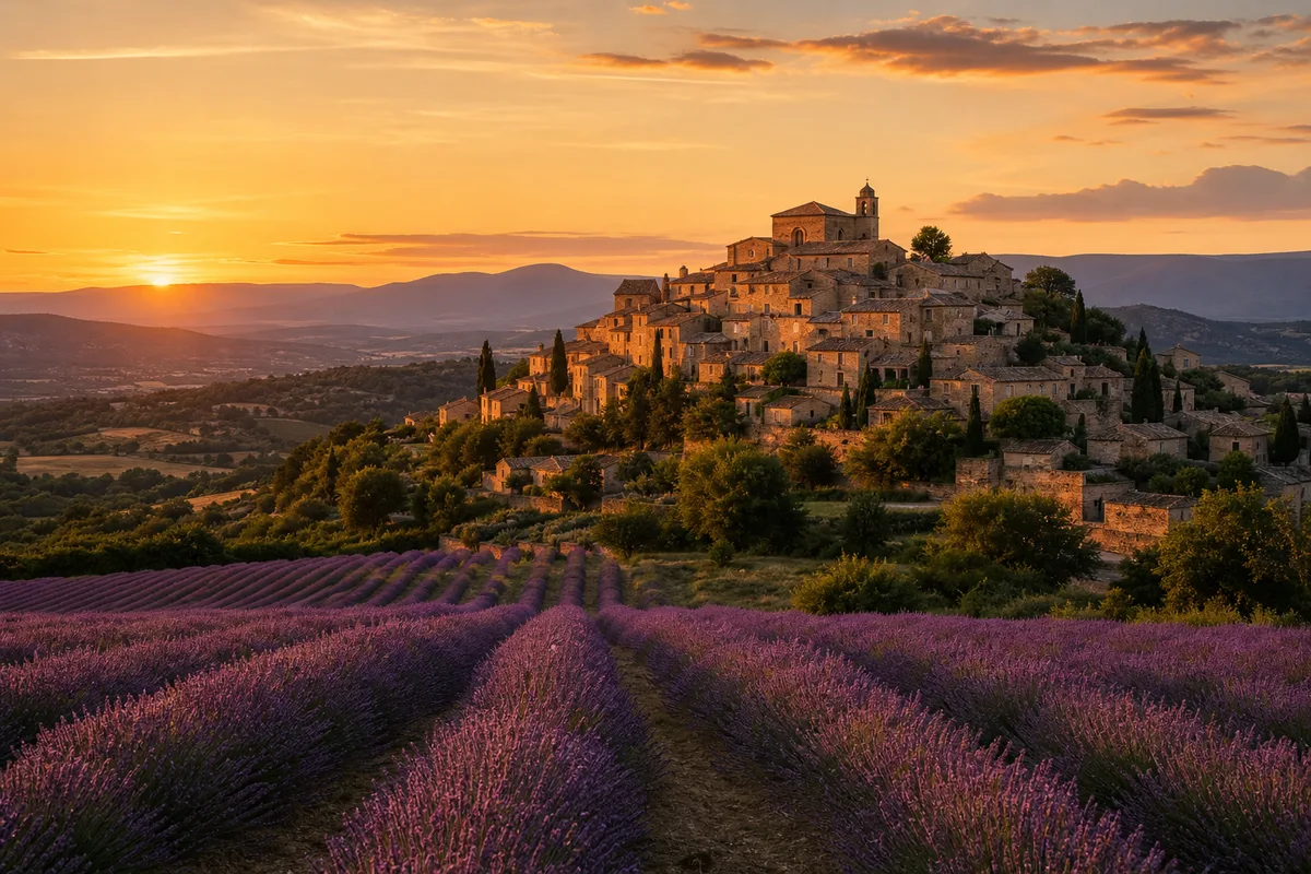Village provençal en pierre au coucher du soleil avec champs de lavande en premier plan