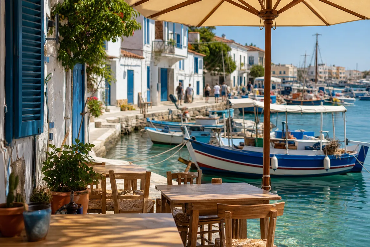 Terrasse de café face à la mer Méditerranée avec bateaux de pêche colorés au port