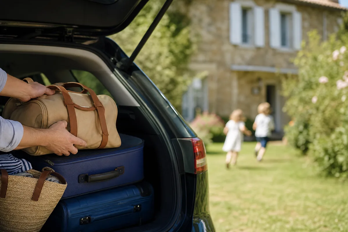 Famille préparant des bagages dans un coffre de voiture devant une maison de campagne