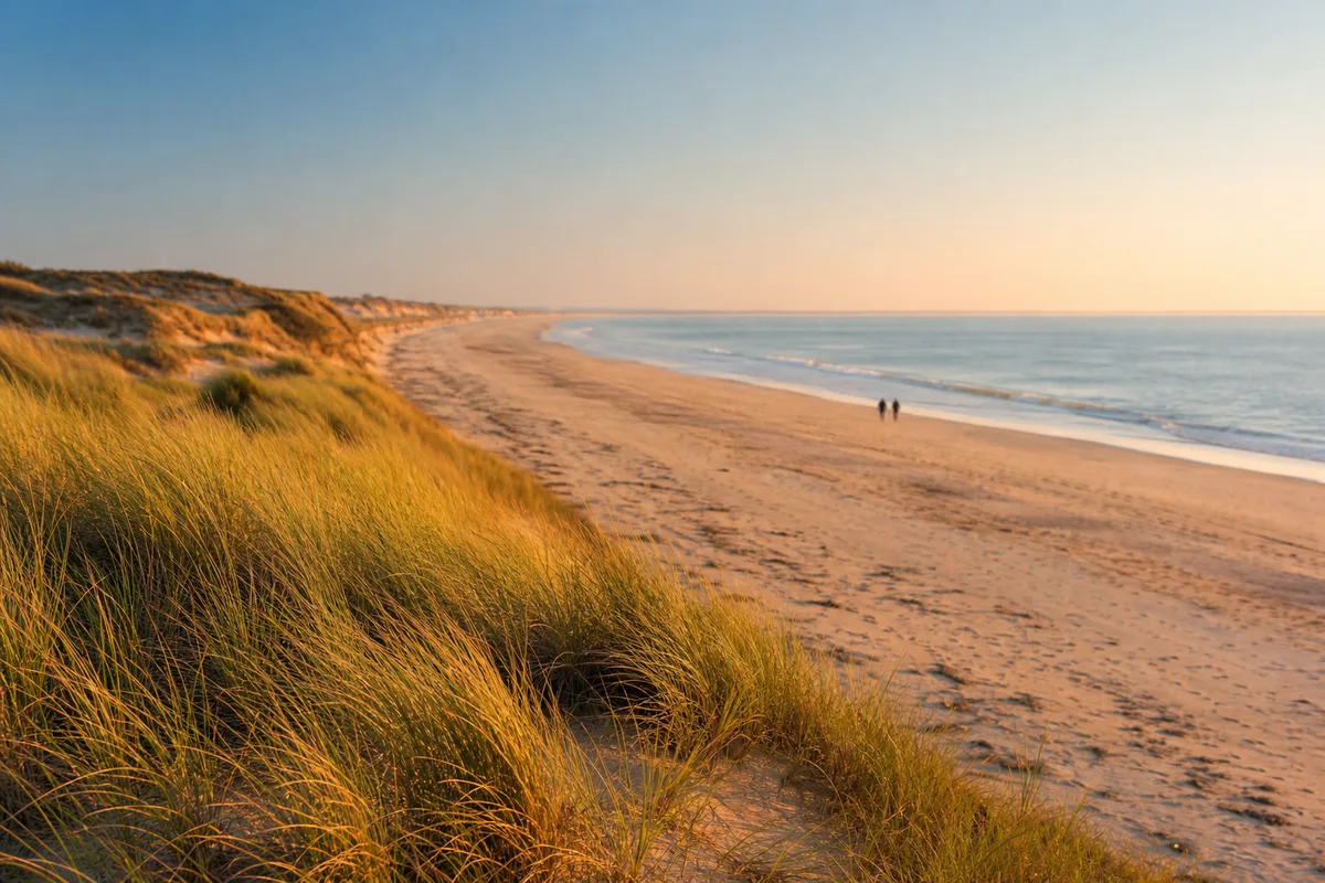 Plage de sable presque déserte en fin d&rsquo;été avec lumière dorée du soir
