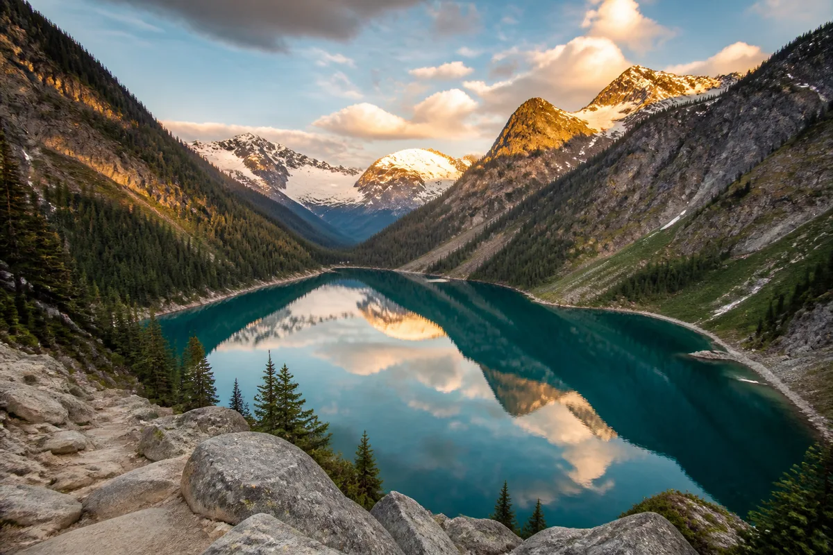 Vallée de haute montagne avec lac glaciaire et forêt de conifères sous une lumière de fin d&rsquo;après-midi