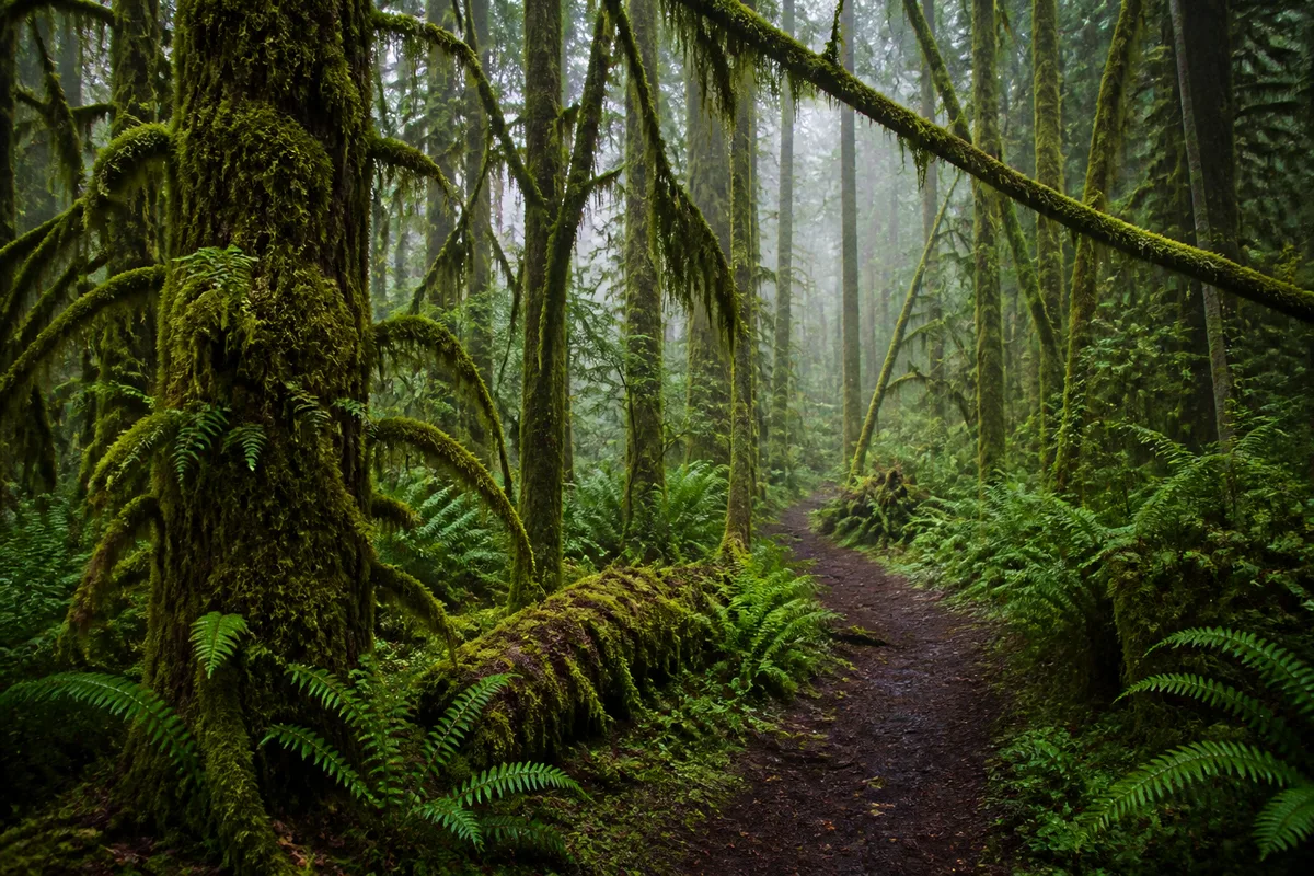 Sous-bois de forêt pluviale tempérée aux troncs couverts de mousse dans une lumière verte tamisée