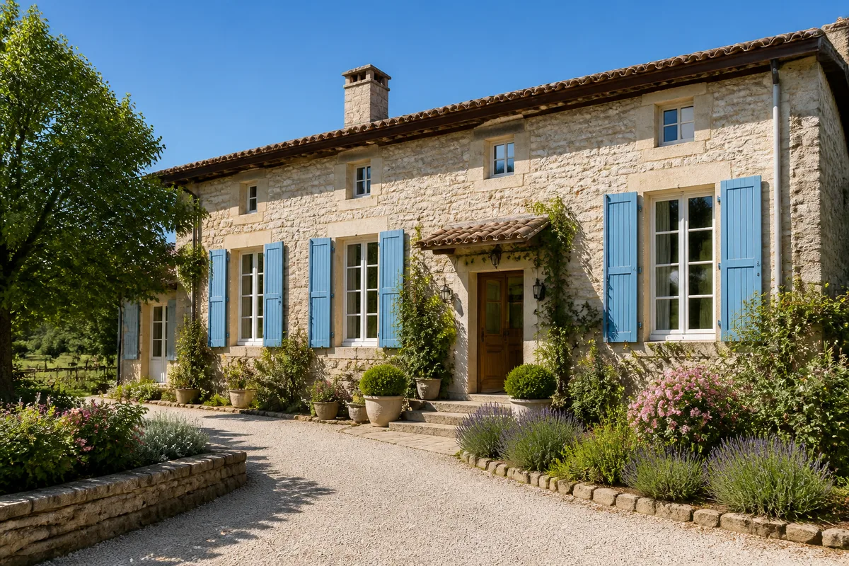 Maison de campagne en pierre rénovée avec volets bleus et jardin fleuri, prête pour la location