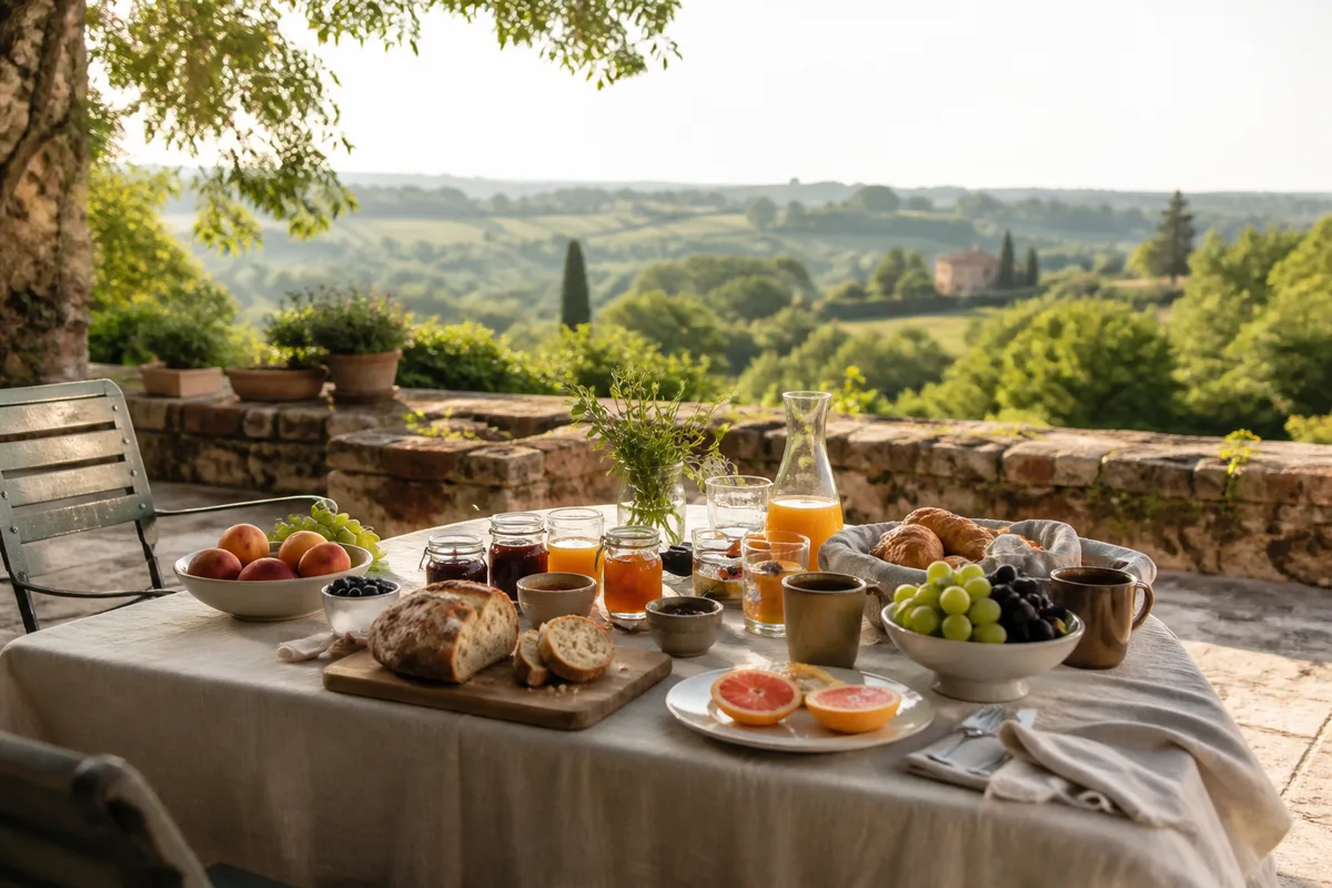 Table de petit-déjeuner dressée en terrasse avec produits locaux et vue sur la campagne