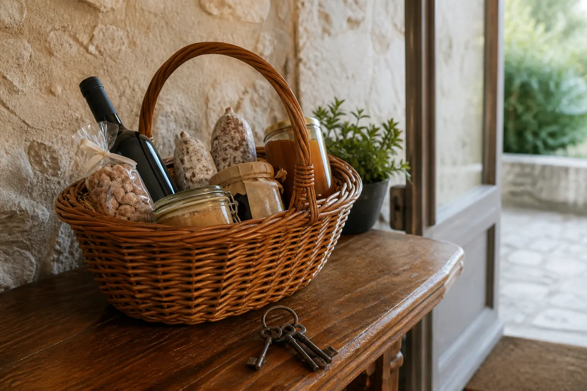 Livret d&rsquo;accueil ouvert sur une table de gîte, clés et panier de produits régionaux