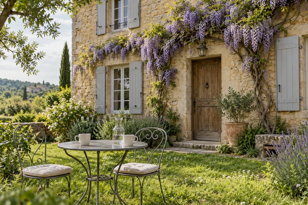 Façade d&rsquo;un gîte en pierre aux volets gris avec glycine et table de jardin dressée