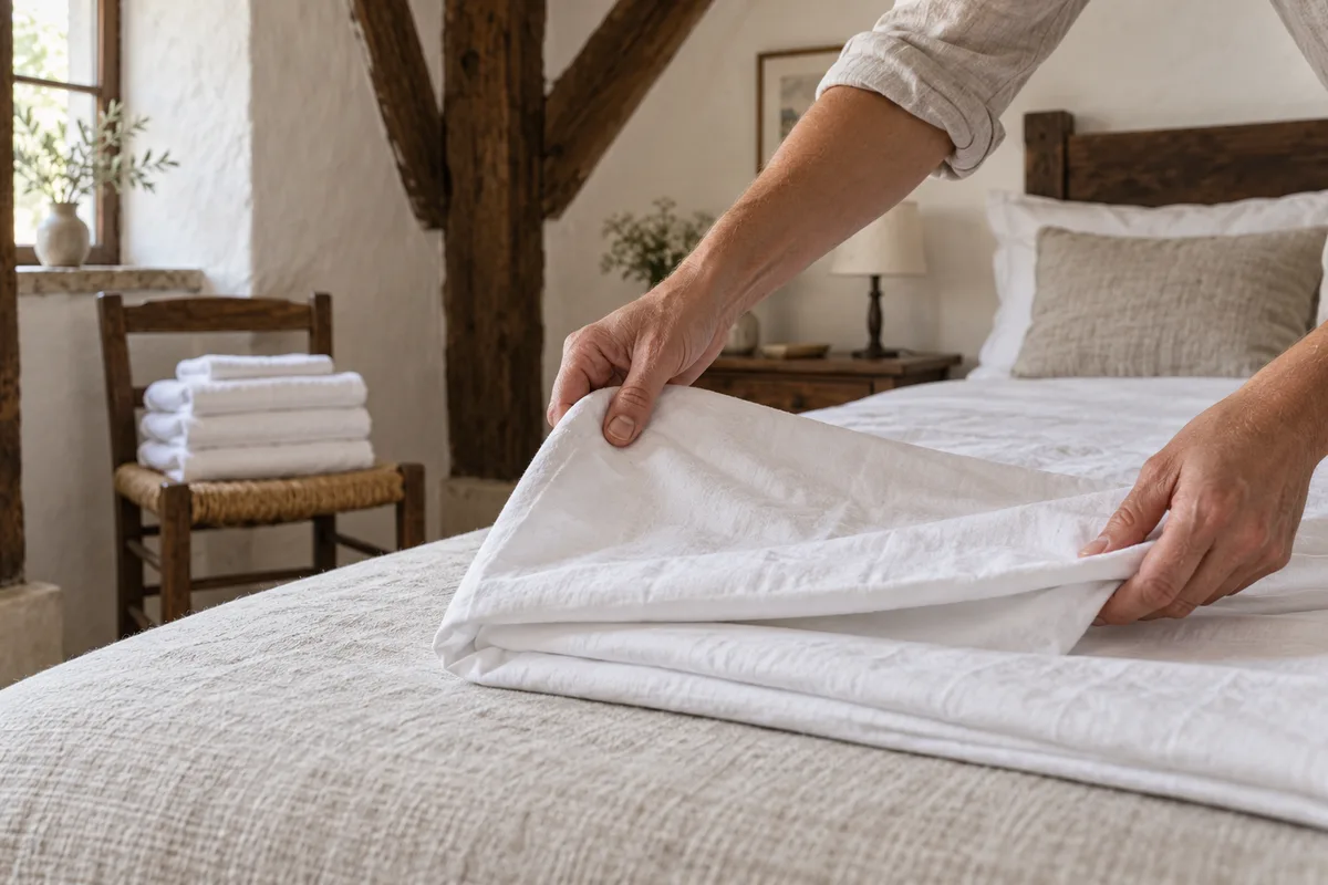 Mains pliant des draps blancs sur un lit dans une chambre aux poutres apparentes