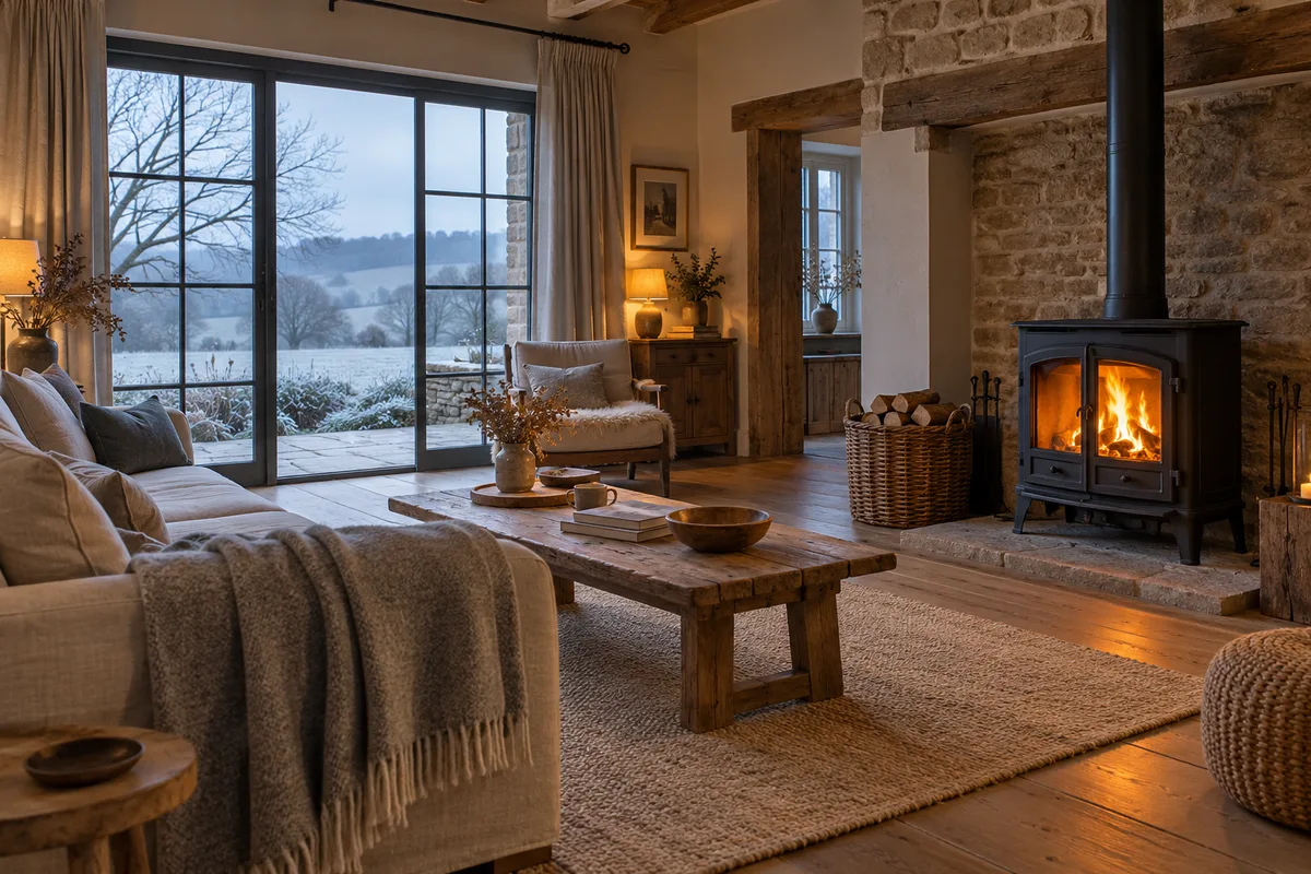 Salon de gîte vide en hiver, poêle à bois allumé et fenêtre sur la campagne brumeuse