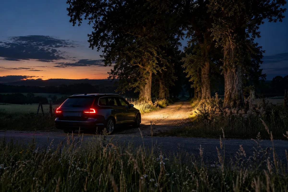 Voiture vue de l’arrière à l’entrée d’un chemin bordé de chênes, phares allumés à la tombée de la nuit