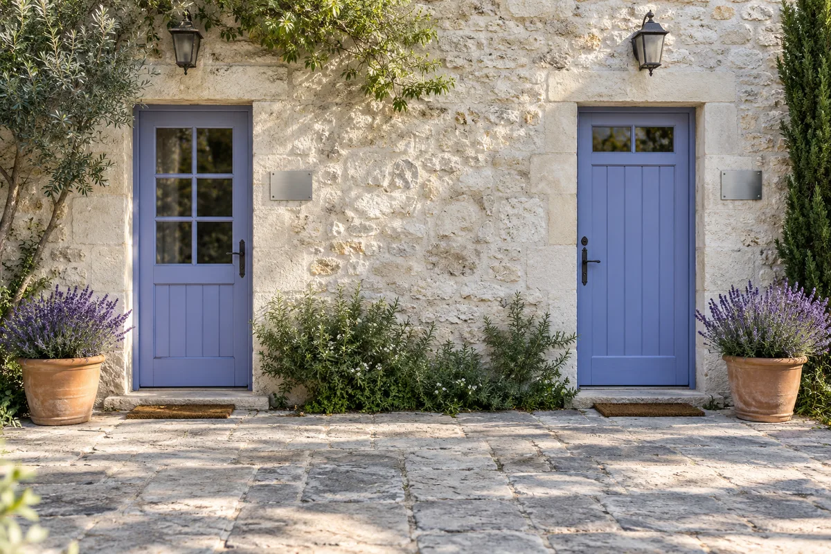 Façade de gîte en pierre avec deux portes en bois bleu lavande et pots de lavande, lumière du matin