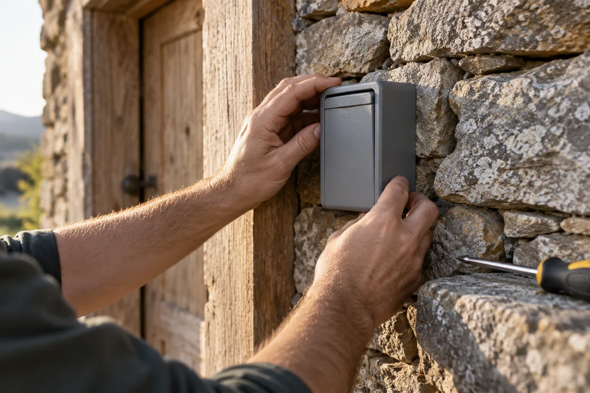 Mains posant une petite boîte à clés grise unie sur un mur de pierre sèche, à côté d’une porte en bois