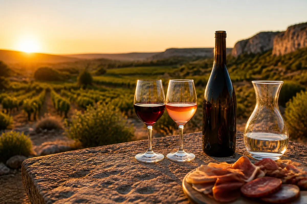 Bouteilles de vin rouge et verres sur une table dressée en terrasse devant un paysage de vignes