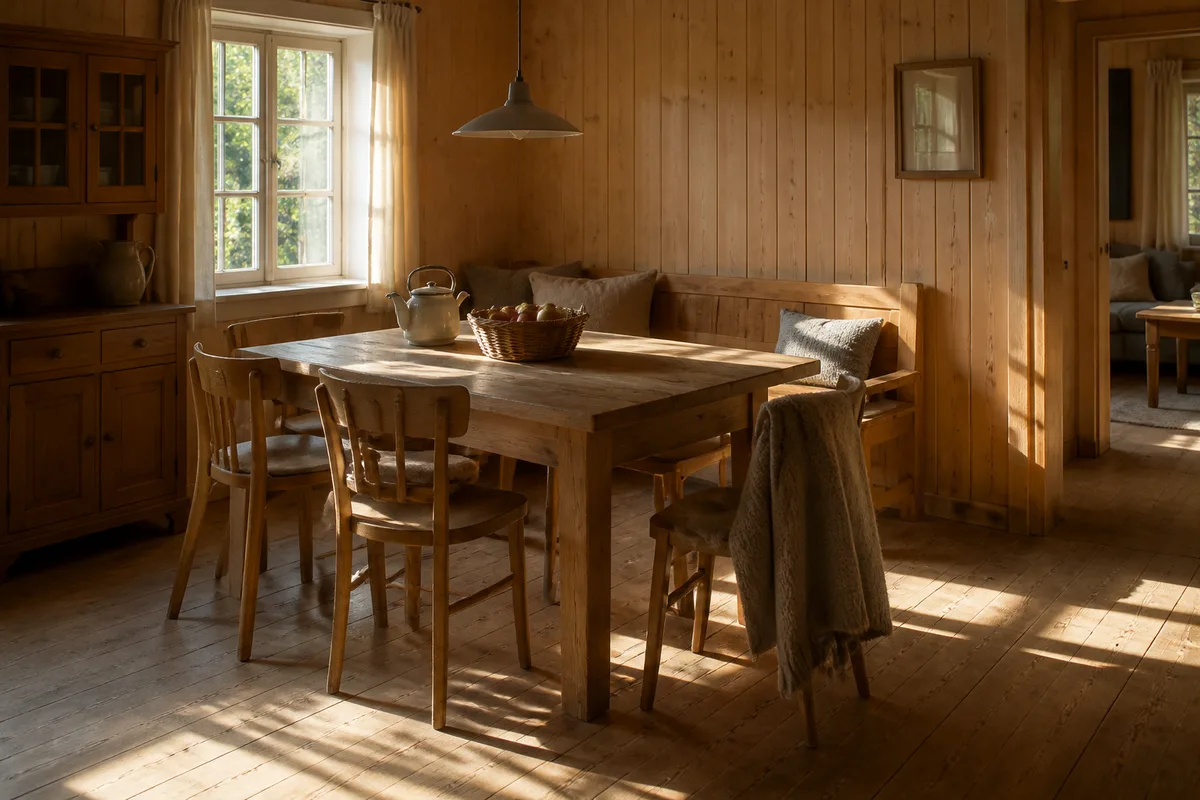 Intérieur d&rsquo;une maison de vacances en bois clair avec grande table et lumière du matin par la fenêtre