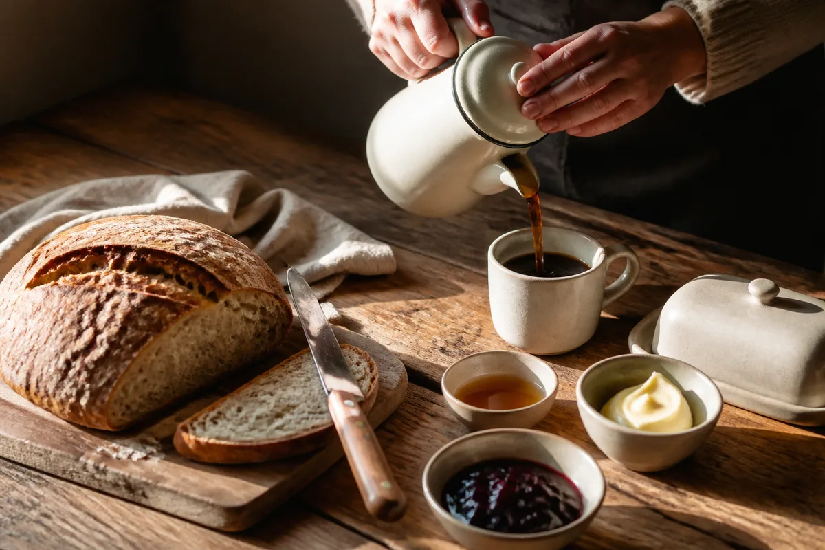 Table de petit-déjeuner en bois avec pain frais, pots de confiture, tasses en céramique et mains versant du café