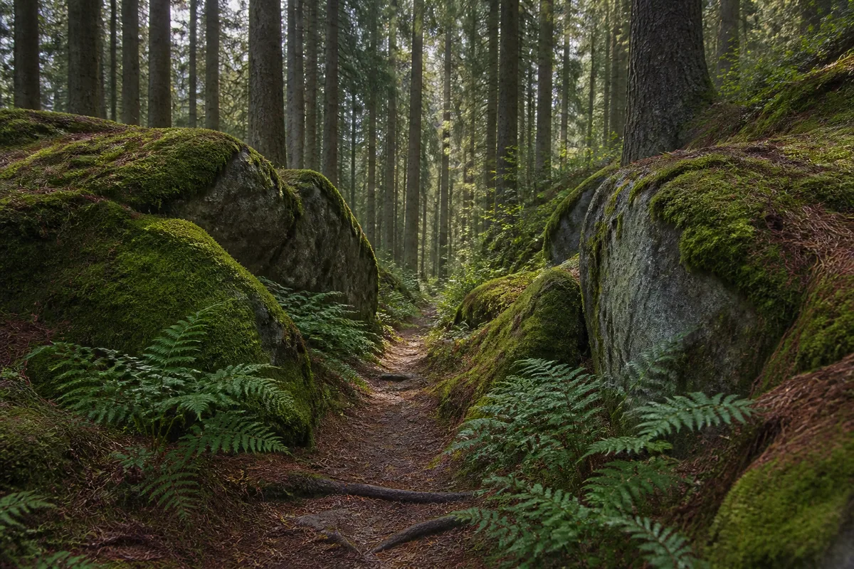 Sentier de forêt de conifères avec pierres moussues et lumière filtrée entre les troncs